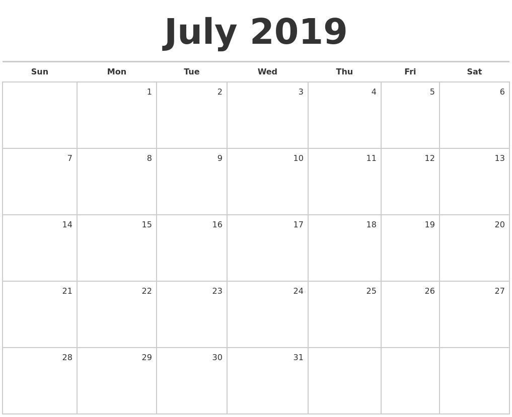 Printable Calendars 2019 Monthly July 2019 Blank Monthly Calendar