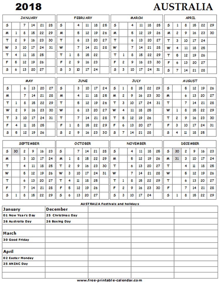 2018 Australia holiday calendar