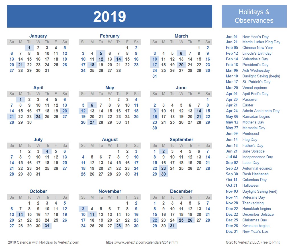 Printable Full Year Calendar 2019 2019 Calendar Templates and