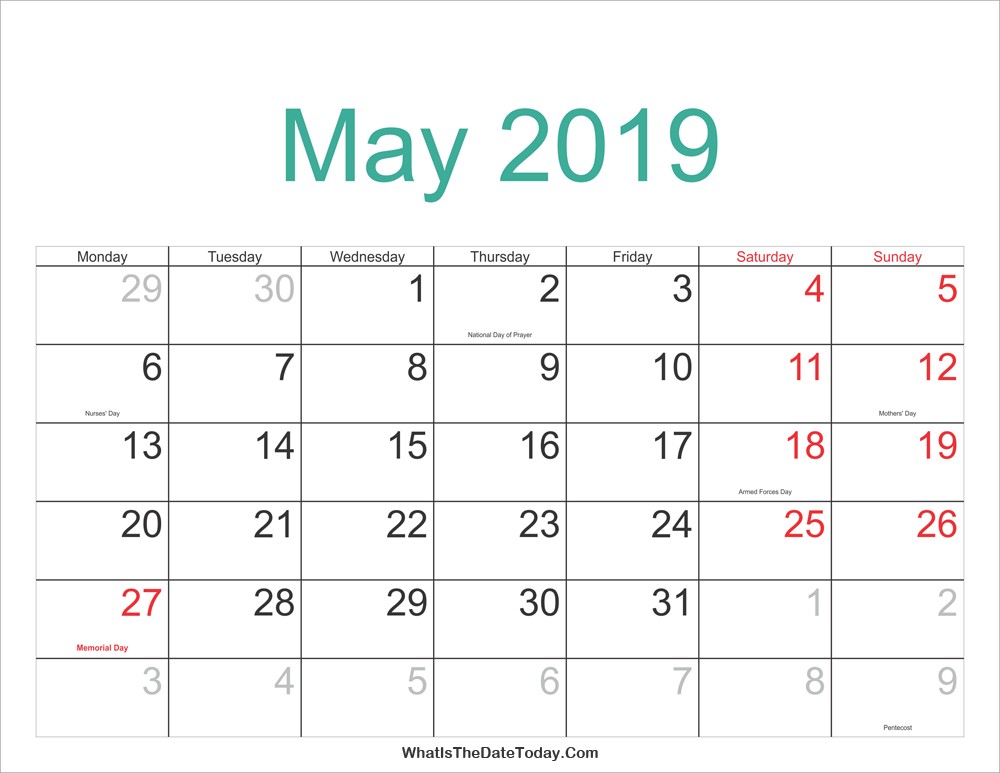 may 2019 calendar printable holidays