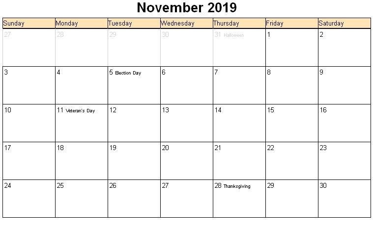 Printable Monthly Calendar November 2019 November 2019 Calendar with Holidays