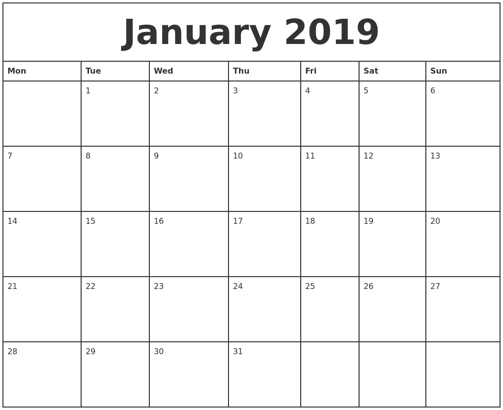 january 2019 printable monthly calendar