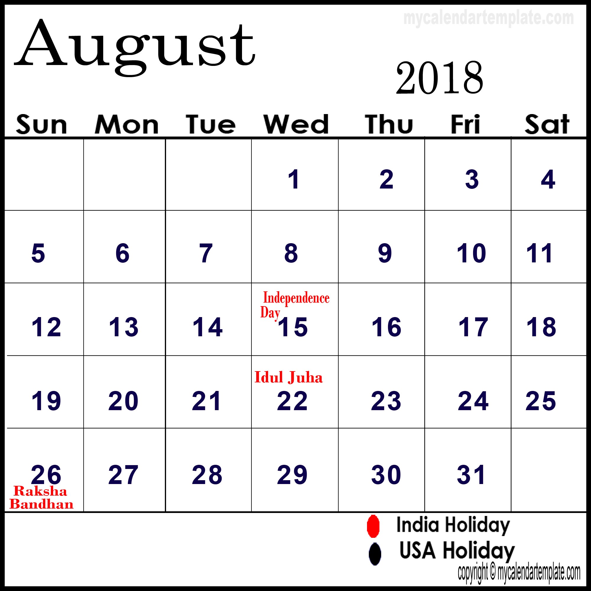 Printable Monthly Calendar with Holidays August 2018 Calendar with Holidays