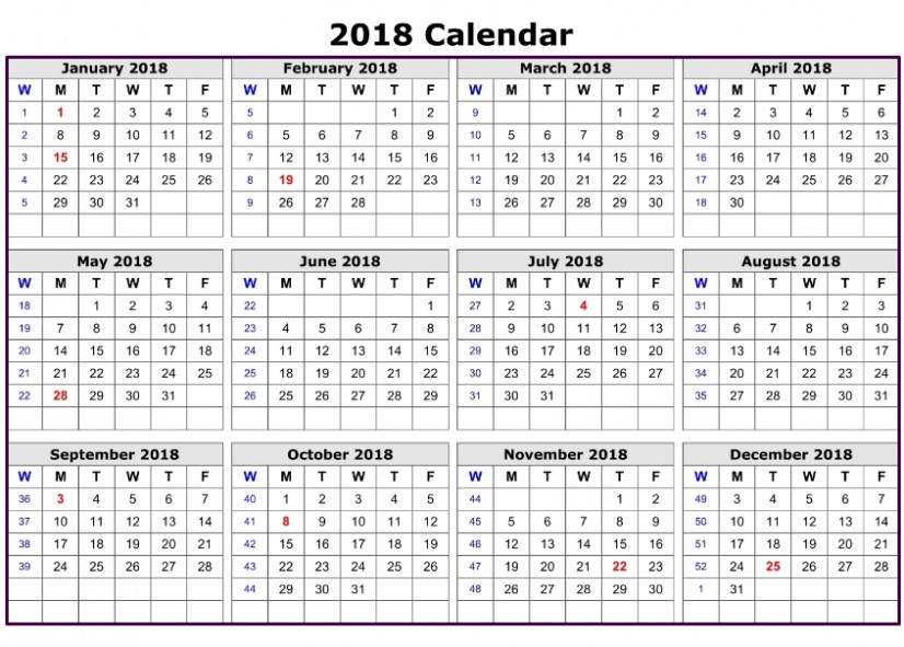 2018 calendar printable template with holidays usa uk