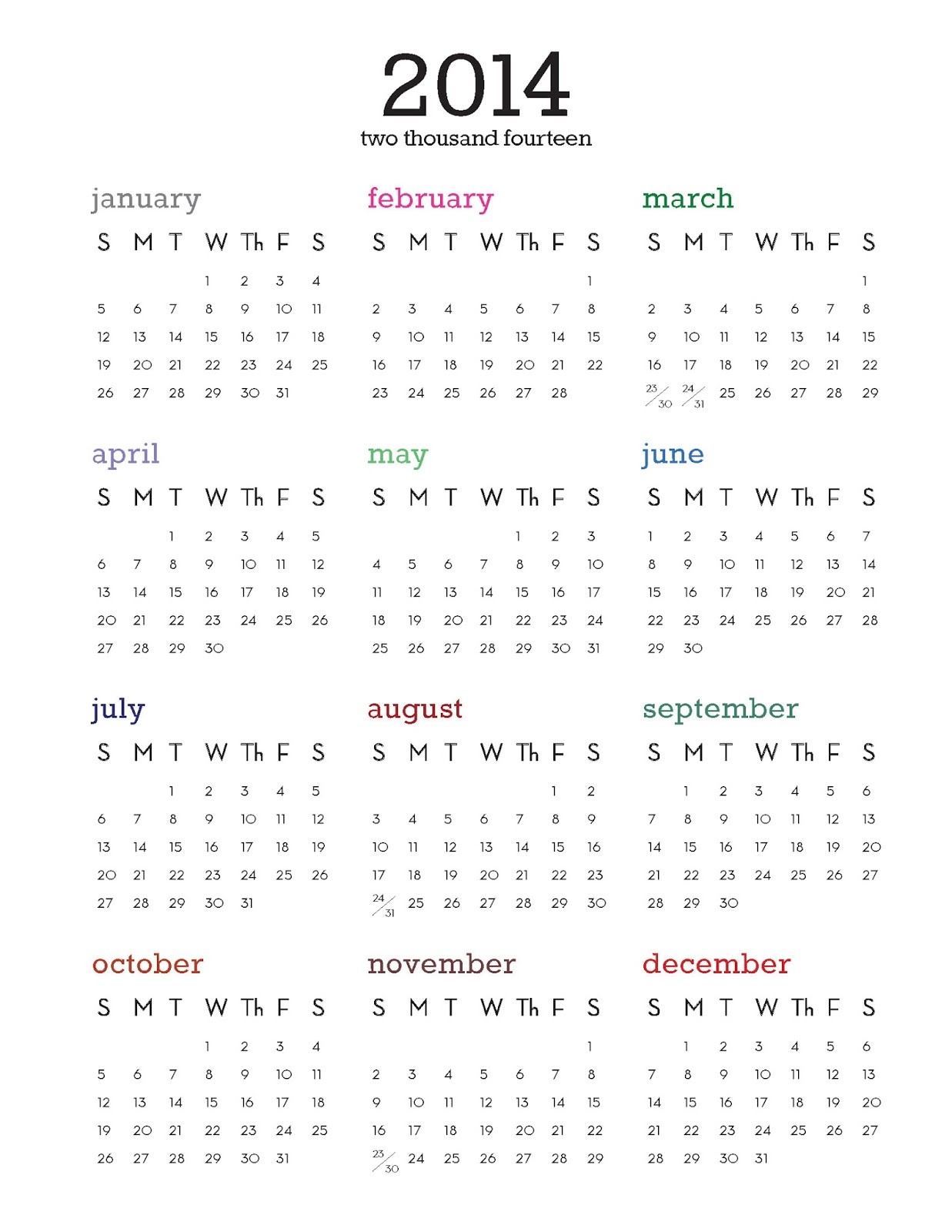 printable 2014 calendar on one page