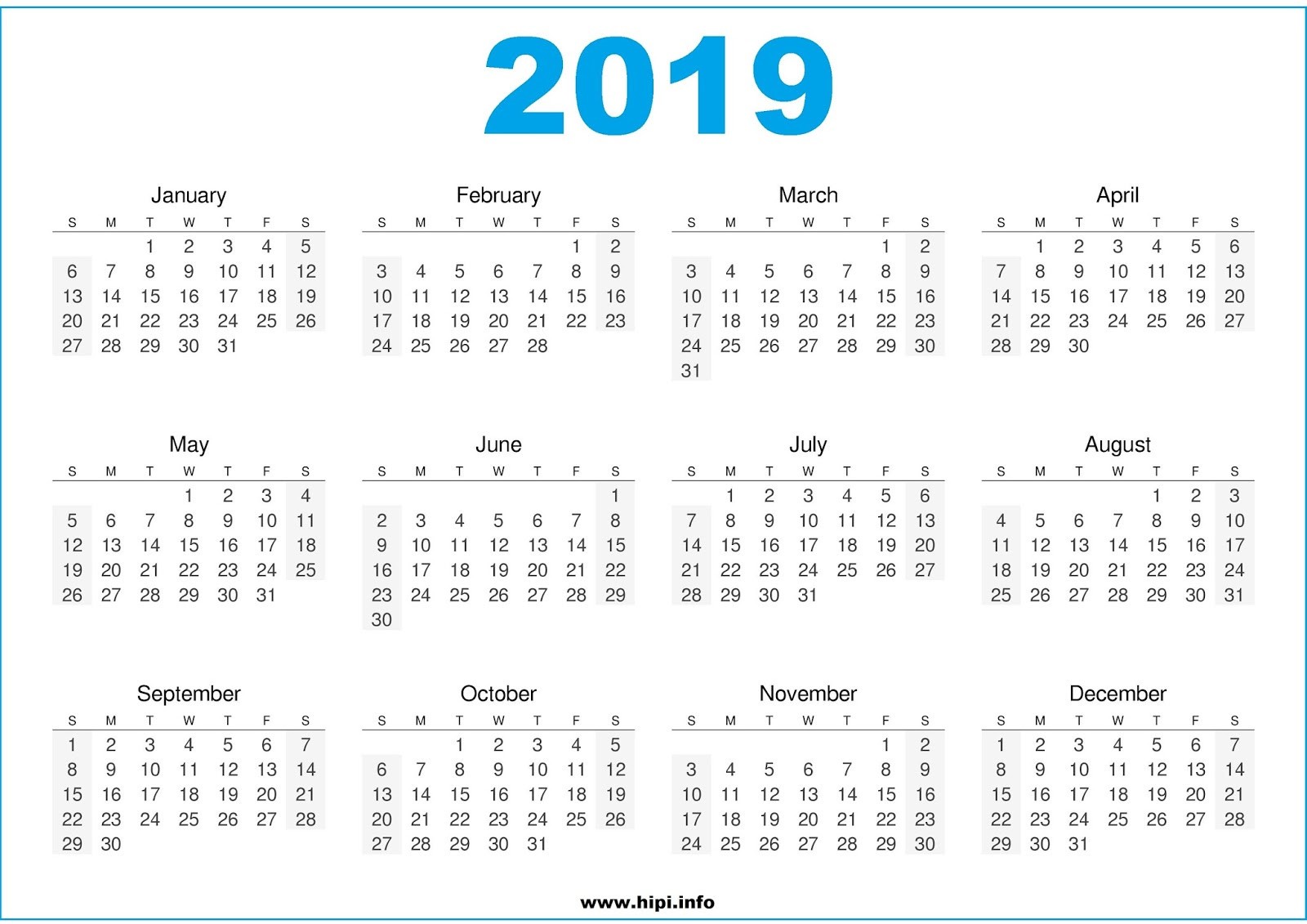 2019 calendar printable