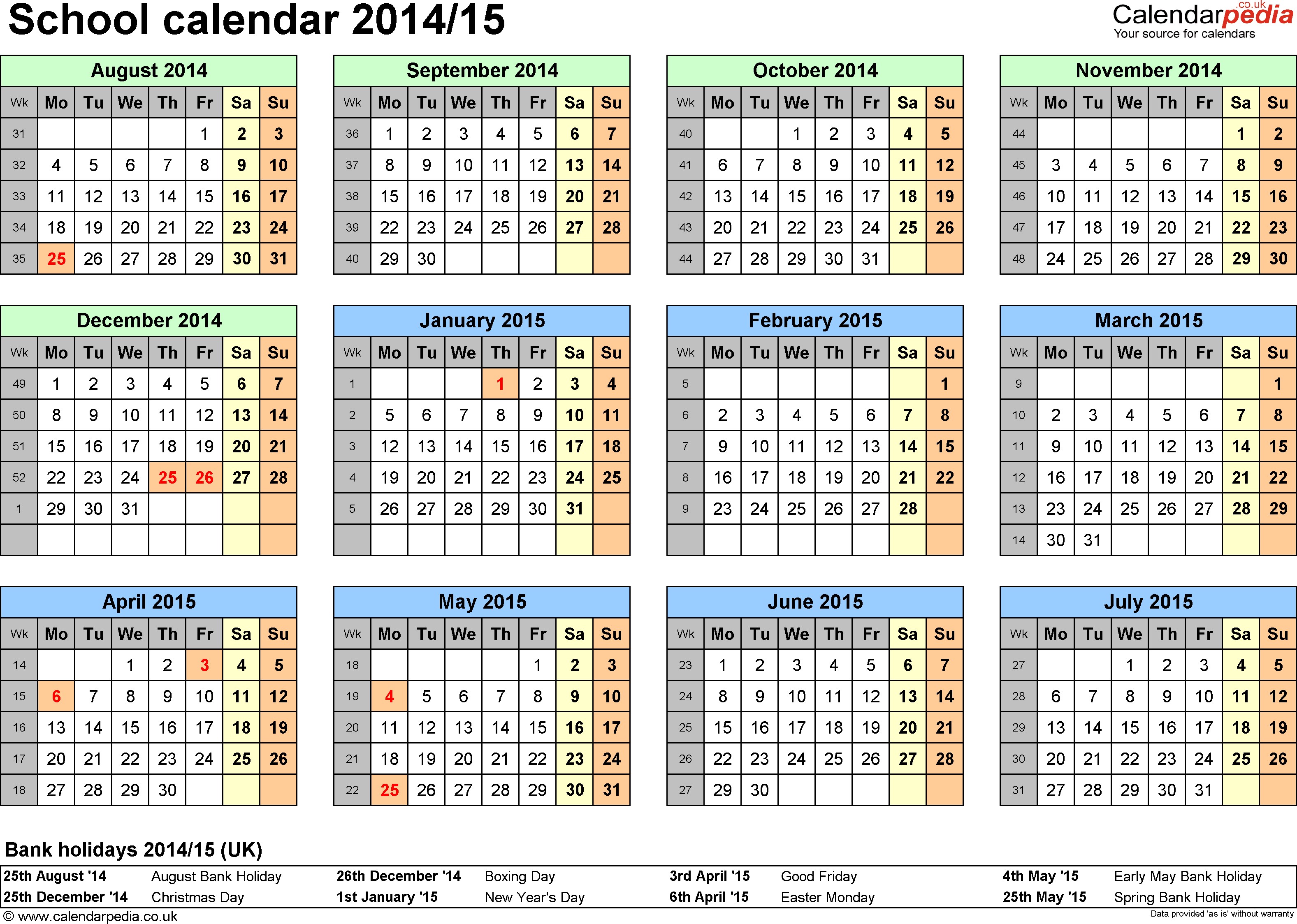 Printable School Calendar 16 Blank Calendar Template 2014 2015 August 2015