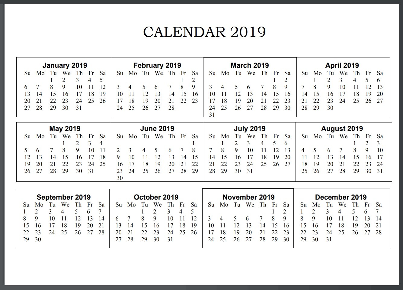 printable calendar 2019 united states