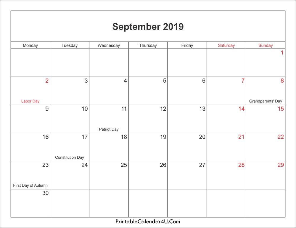 september 2019 calendar printable holidays