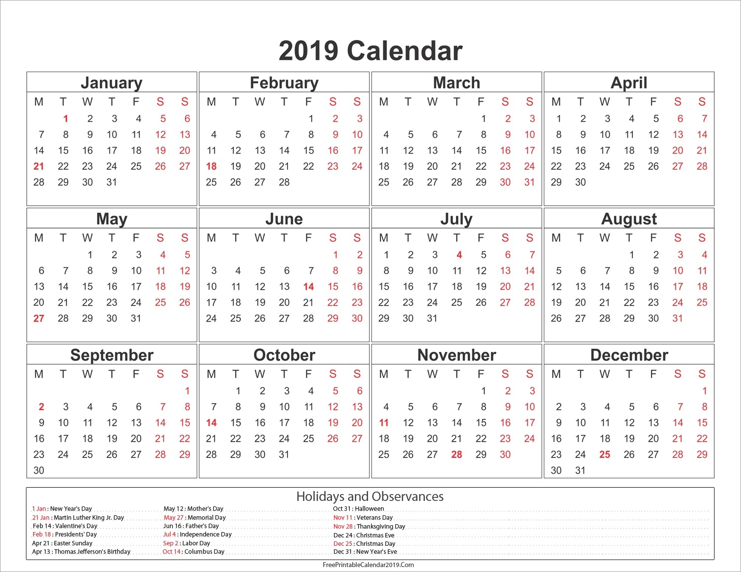 printable calendar 2019 with holidays