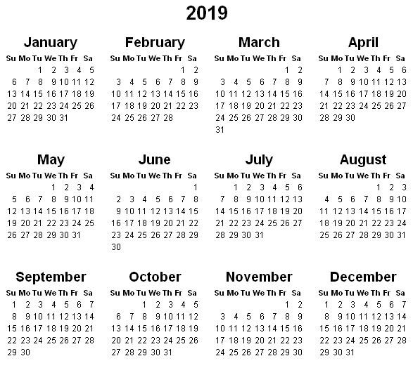 year calendar 2019