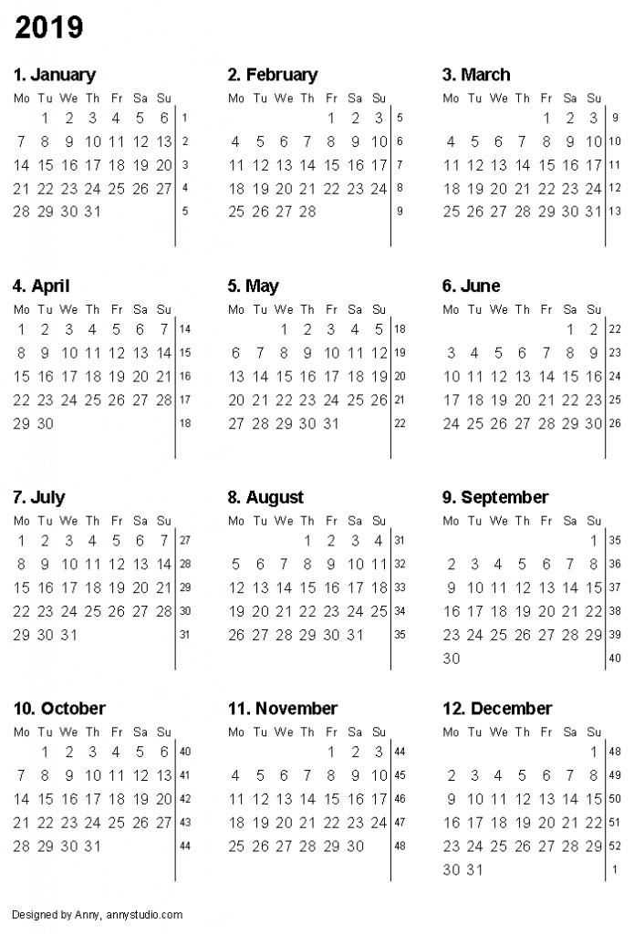 12 Printable Calendar 2019 12 Month Calendar 2019 Printable