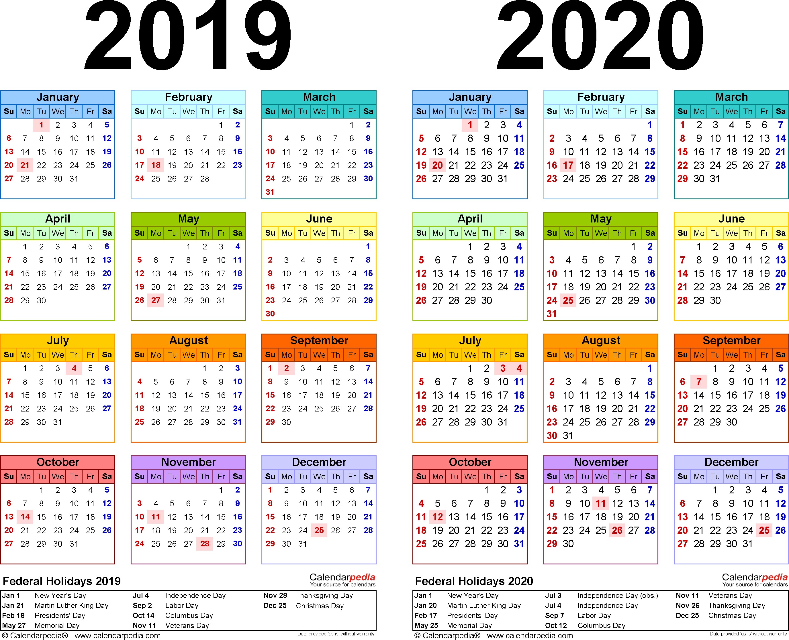 two year 2019 2020 calendar word templates