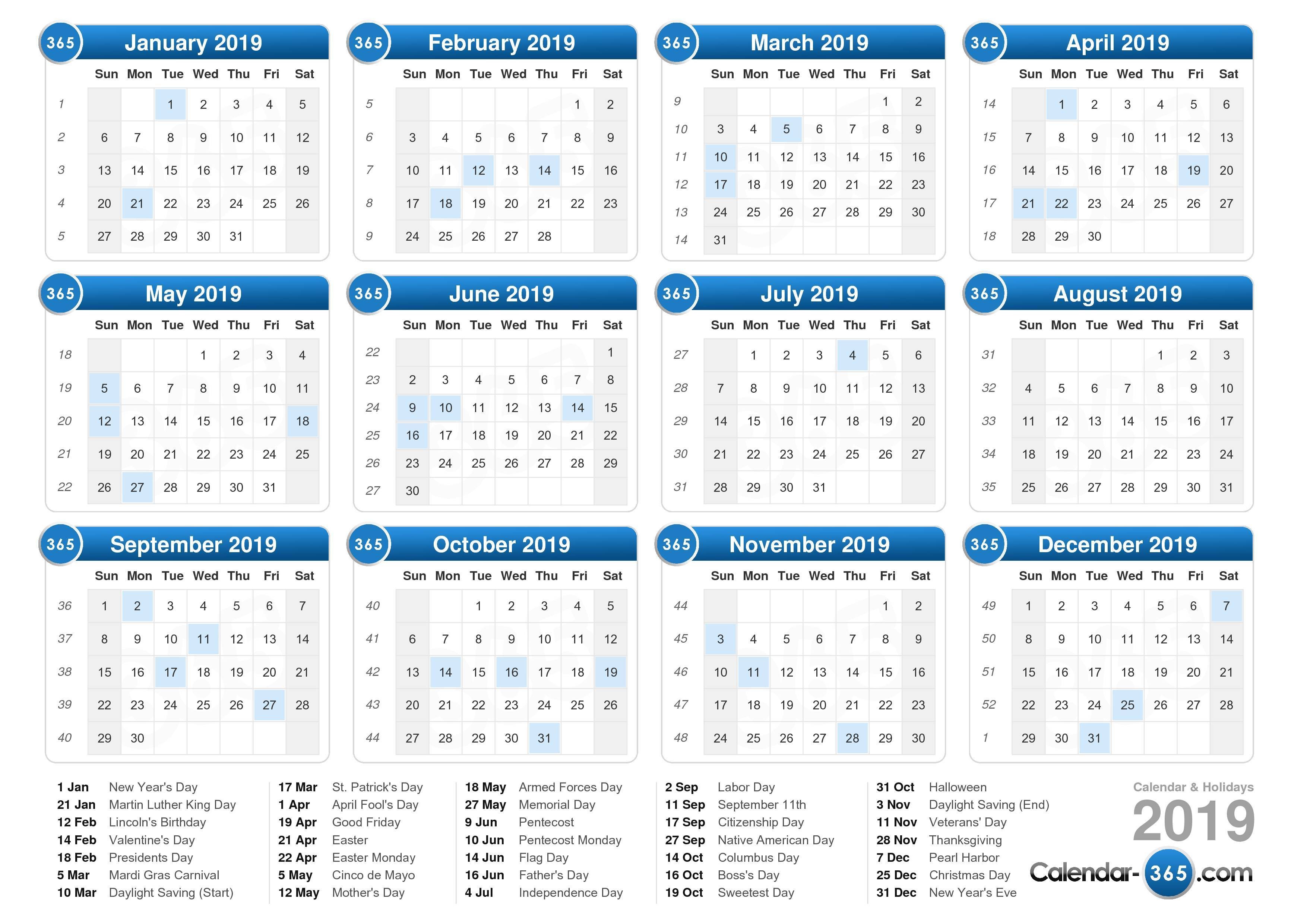 2019 and 2019 Printable Calendars 2019 Calendar