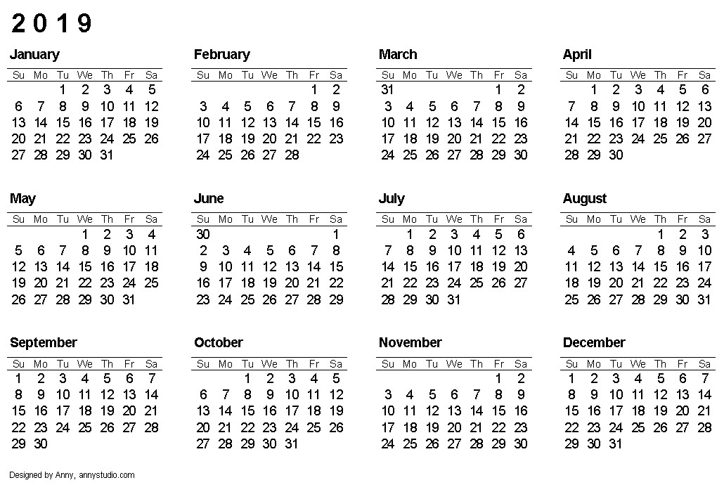 2019 Calendar Blank Printable 2019 Calendar Pdf