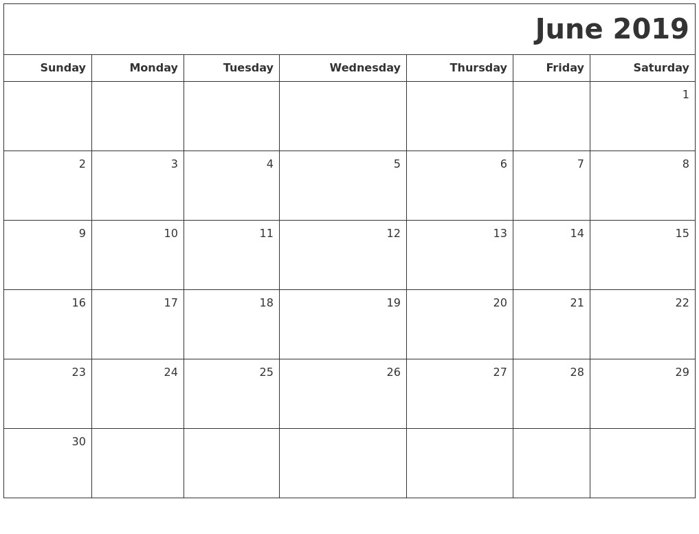 june 2019 printable blank calendar