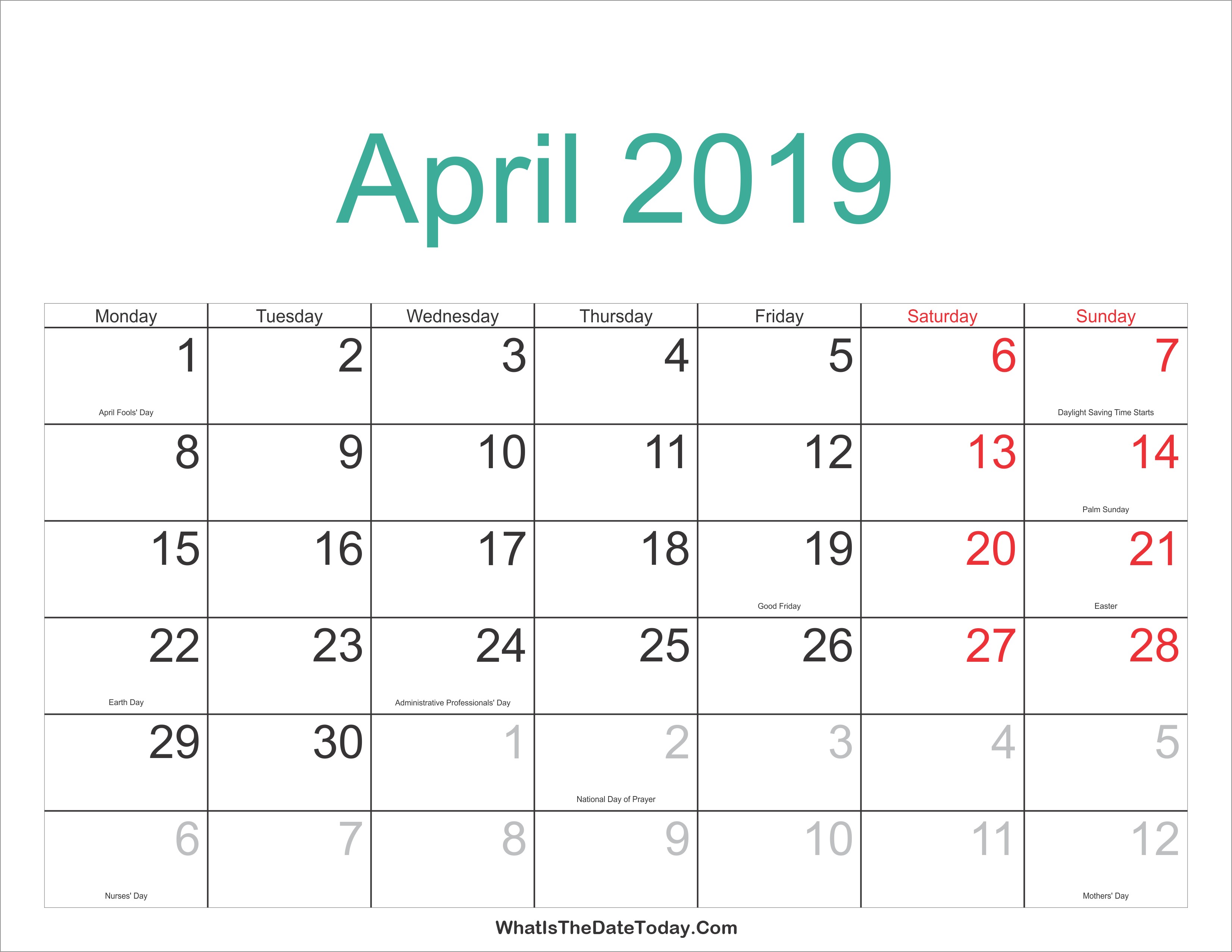 2019 Free Printable Calendars with Holidays April 2019 Calendar with Holidays