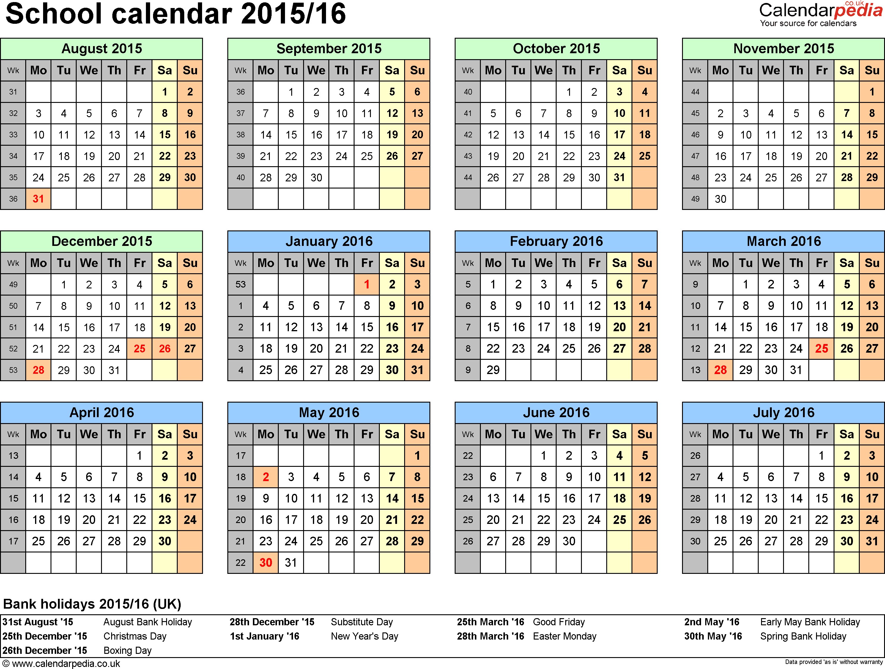 2016 monthly calendar template