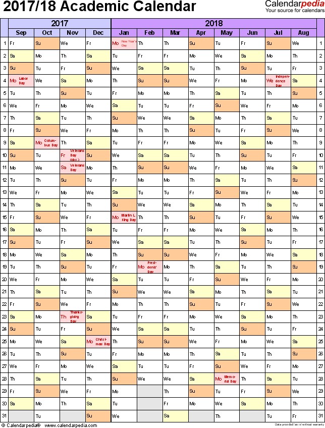 academic calendar 2017 2018 excel templates