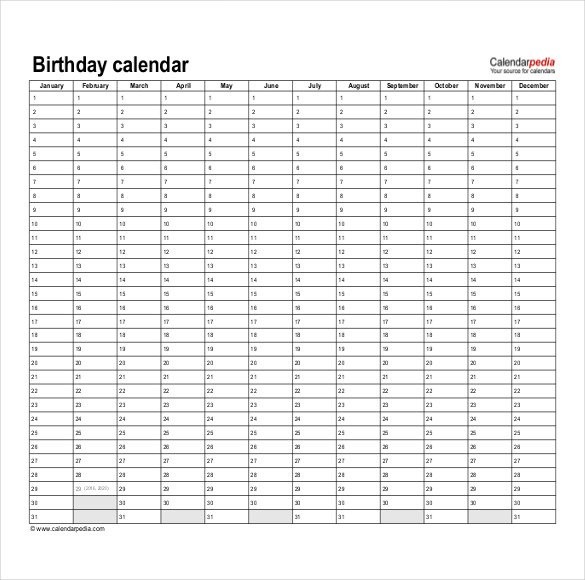 birthday calendar template