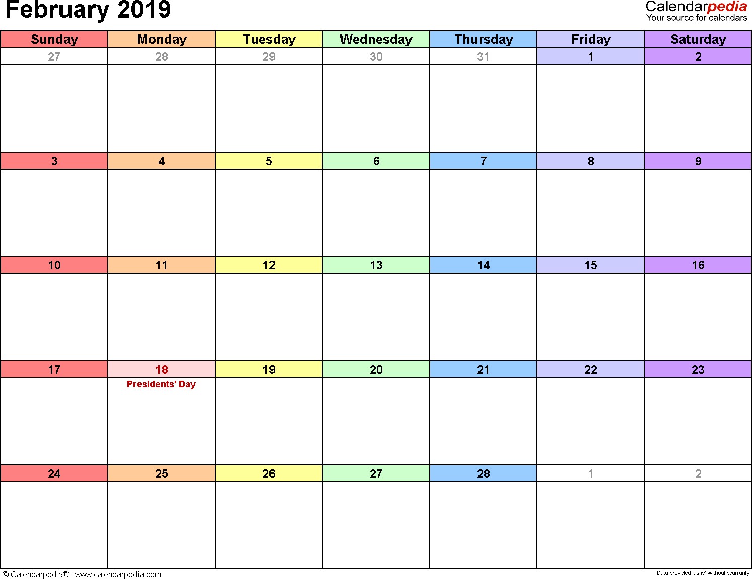 Calendar February 2019 Printable February 2019 Calendars for Word Excel &amp; Pdf