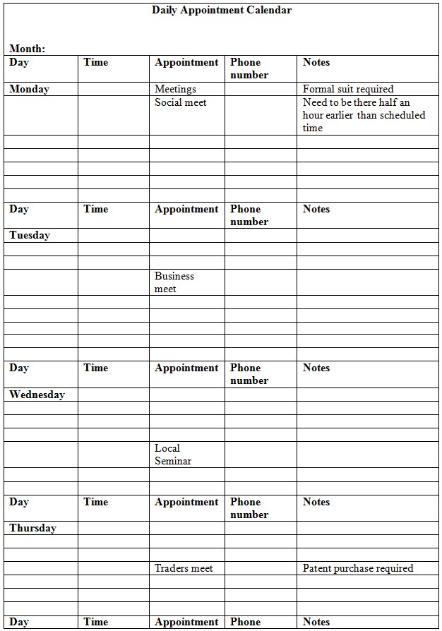 post printable daily appointment book