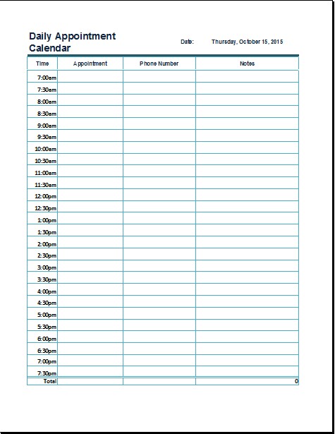 ms excel daily appointment calendar template