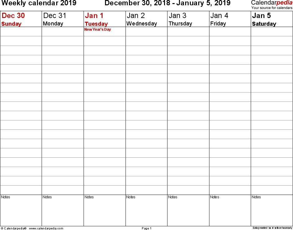 weekly calendar 2019 pdf templates