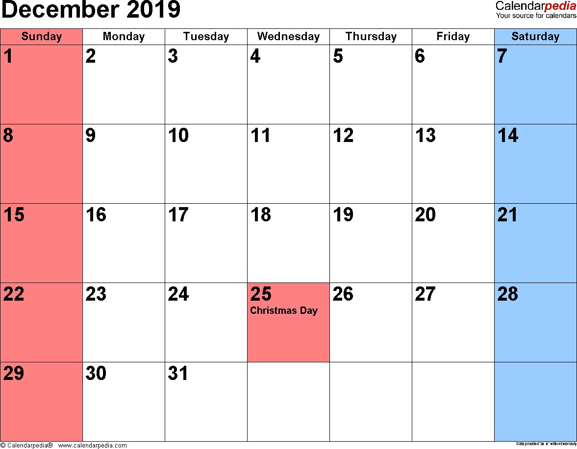 december 2019 calendar