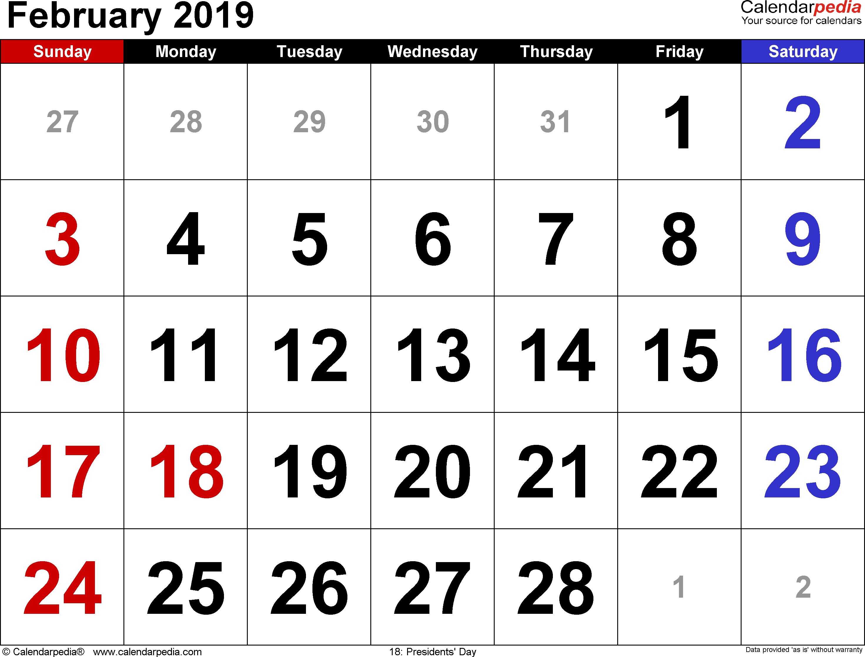 February 2019 Printable Calendar with Holidays February 2019 Calendar with Holidays