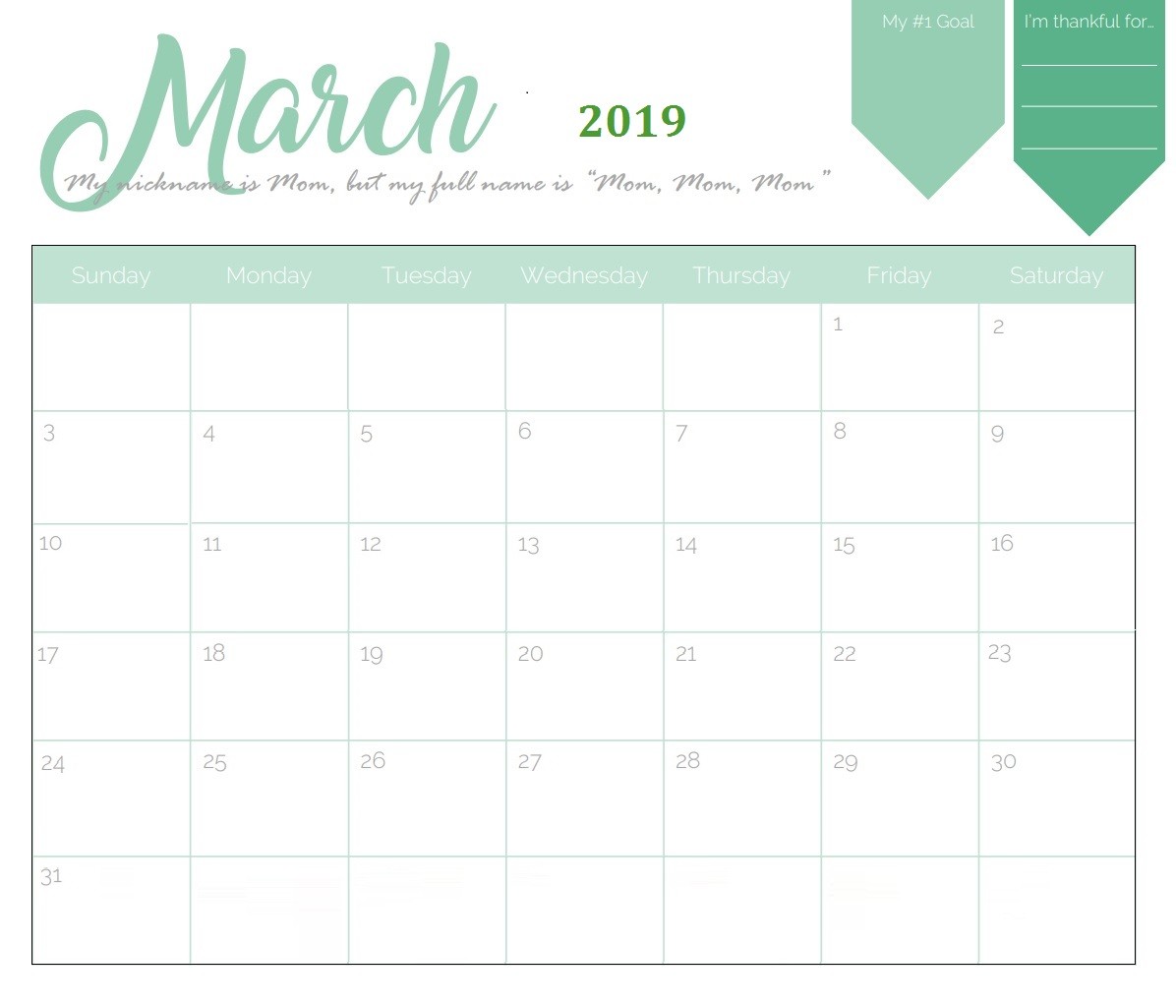 free printable 2019 monthly calendar