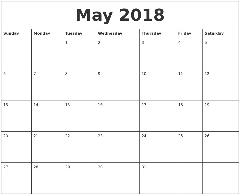 Free Printable Blank Calendar Templates May 2018 Free Printable Calendar Templates