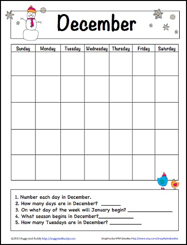 december learning calendar kids free printable