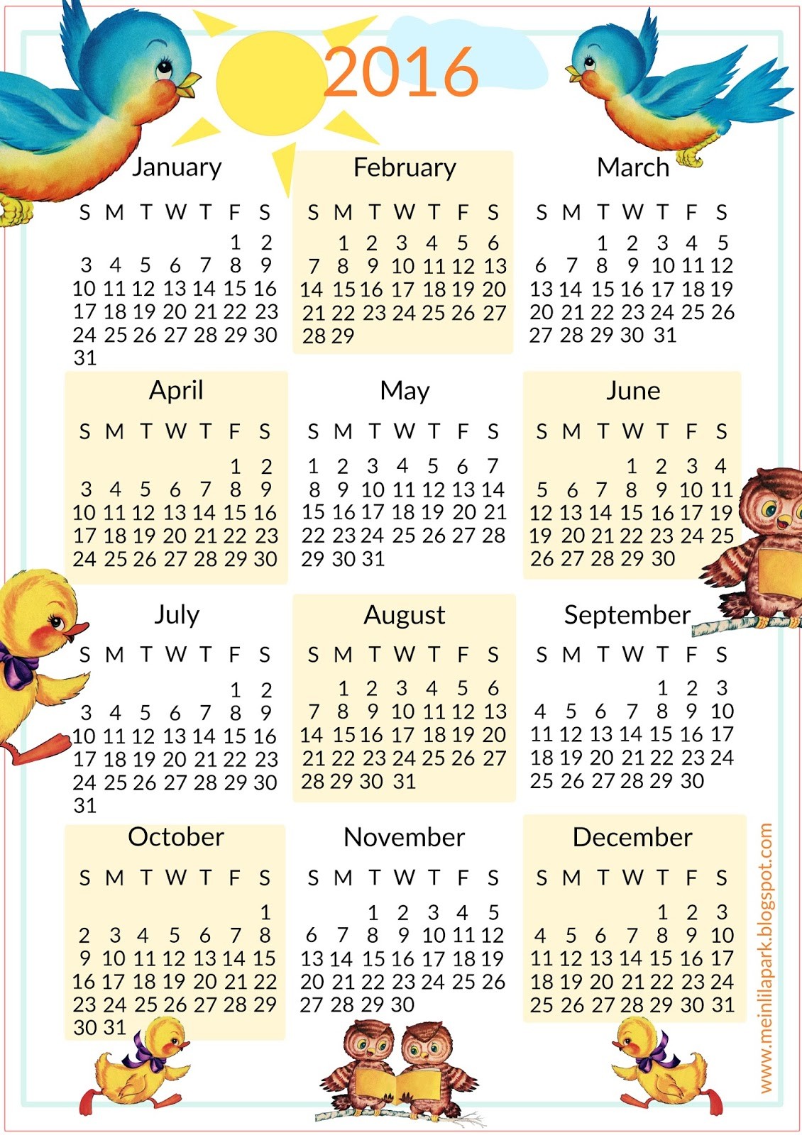 free printable 2016 calendar for kids