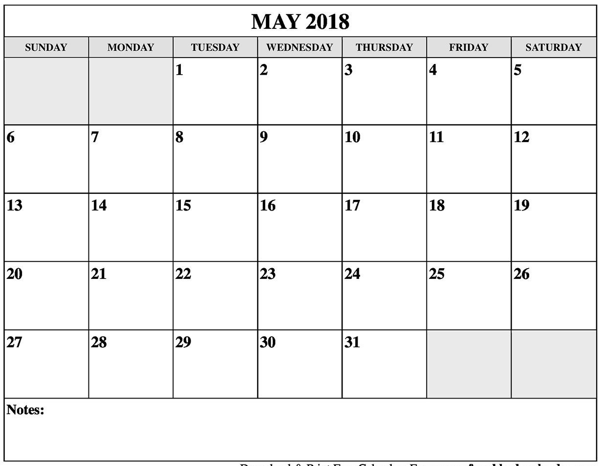 Printable Calendar Program May 2018 Monthly Calendar Printable