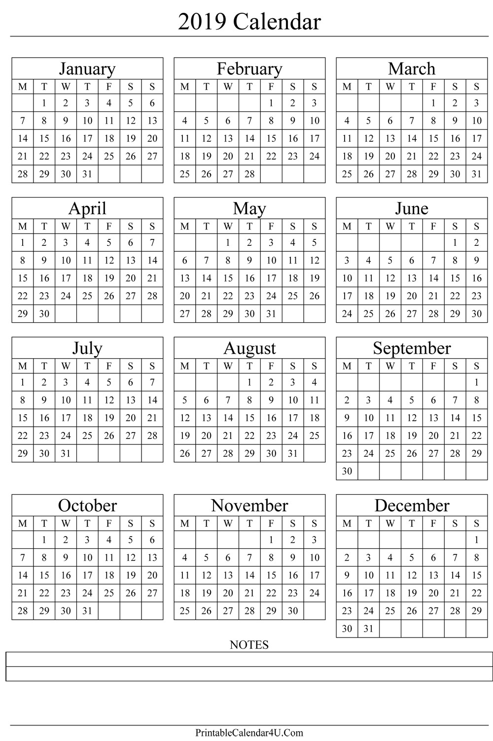 Printable Calendar with Holidays 2019 Annual Calendar 2019 Portrait Printable Calendar 2017