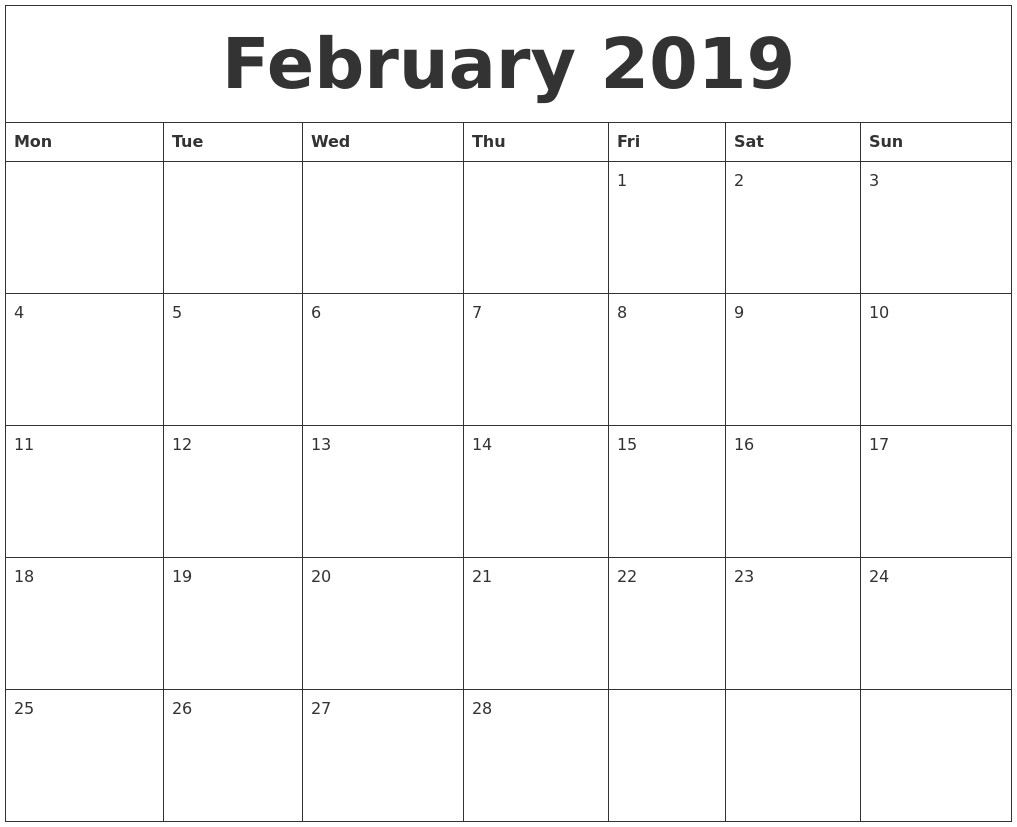 february 2019 printable daily calendar