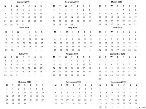 free 2019 printable calendar template