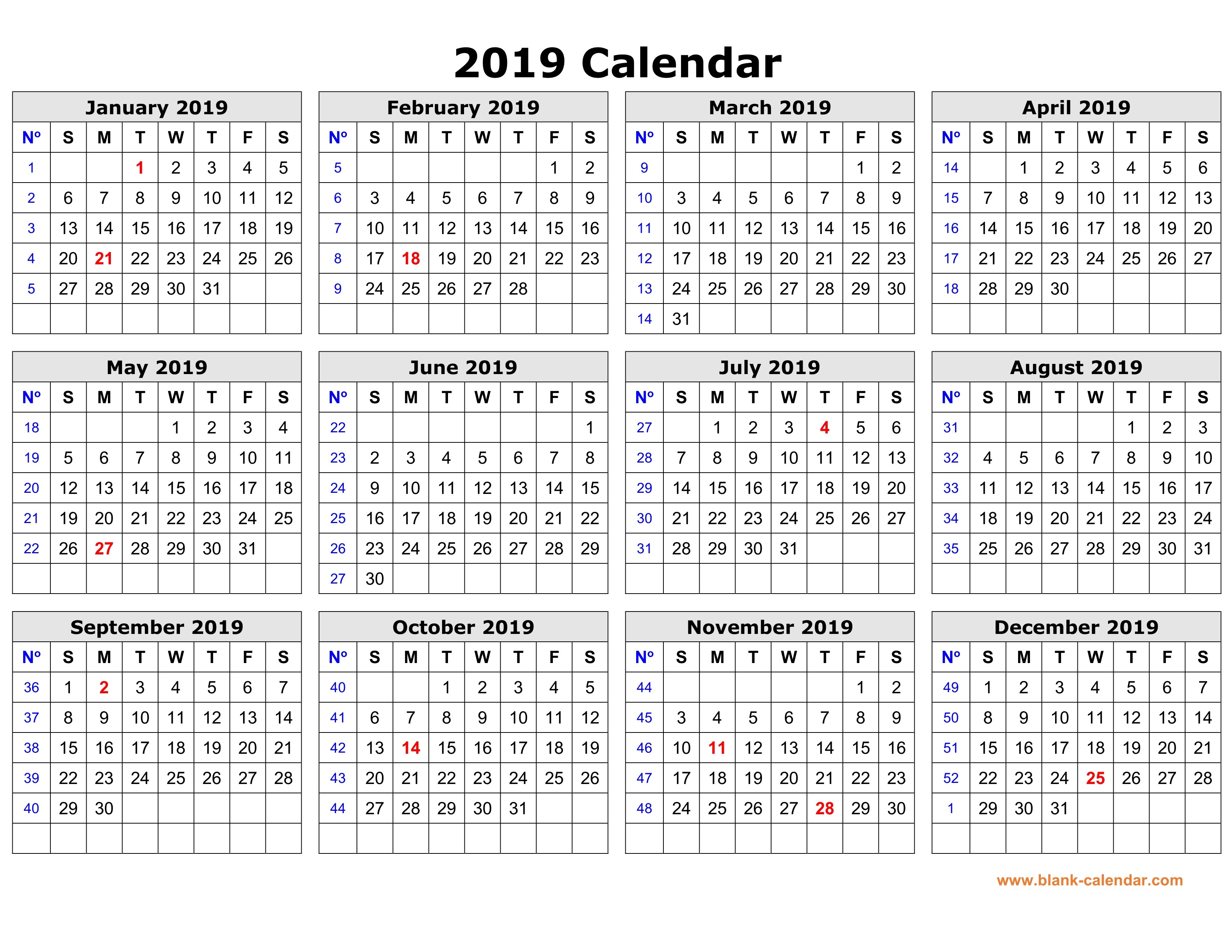 Whole Year Calendar 2019 Printable Free Download Printable Calendar 2019 In One Page Clean