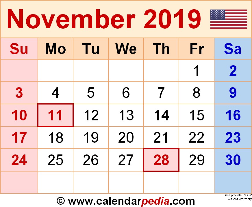 november 2019 calendar