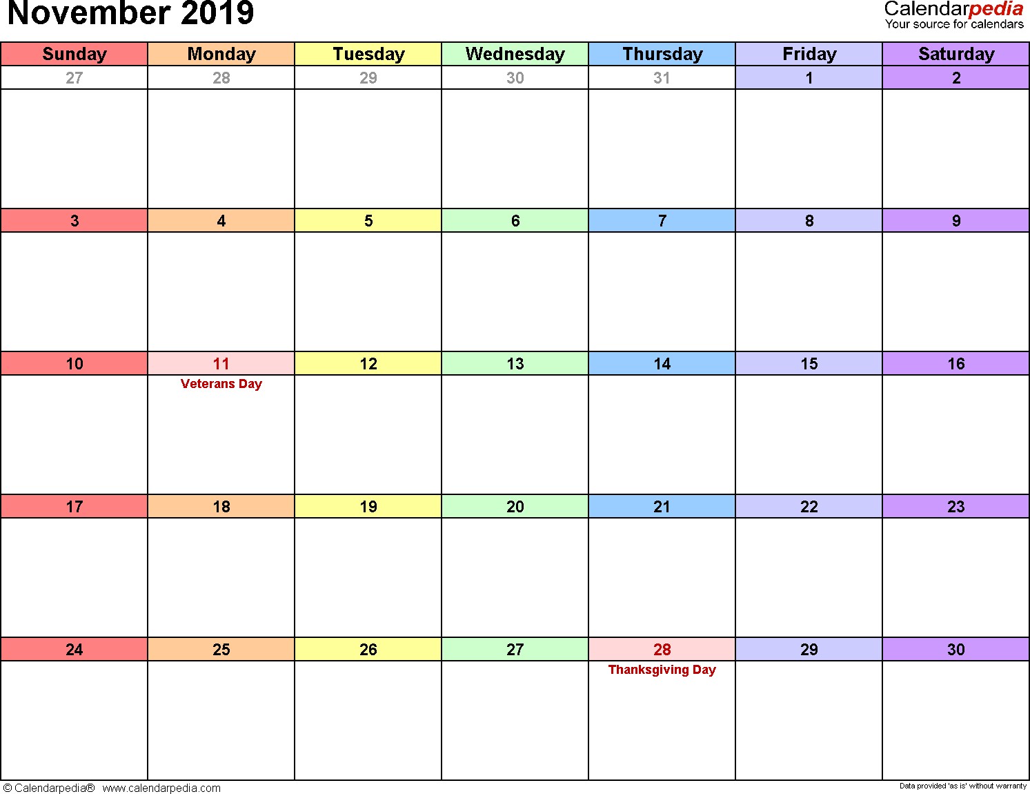 november 2019 calendar