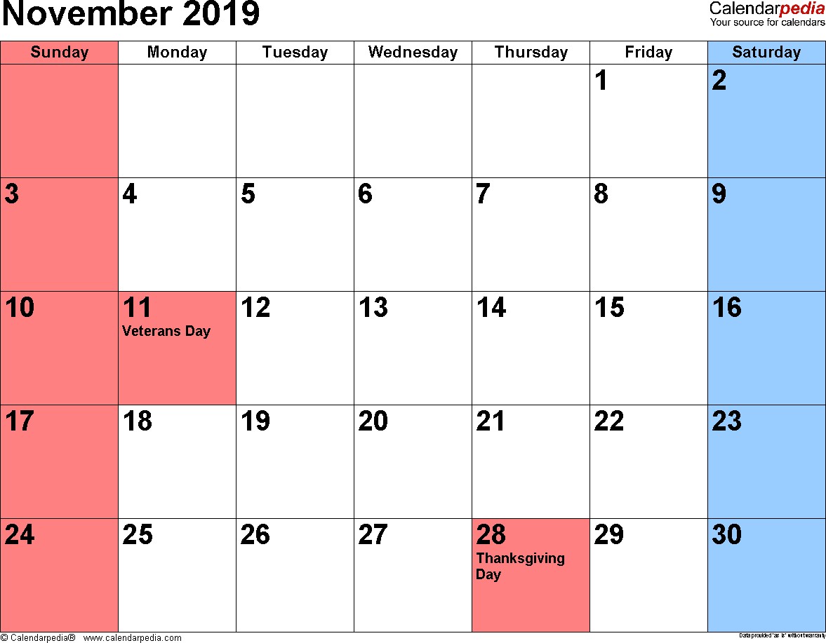 november 2019 calendar