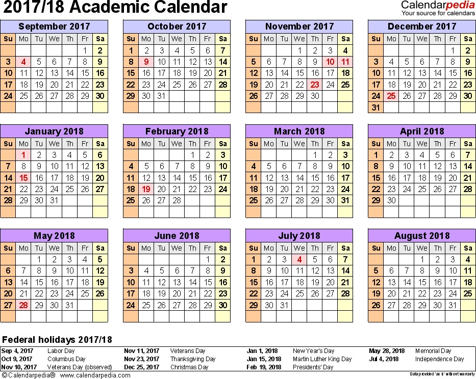 blank calendar academic year 2017 18