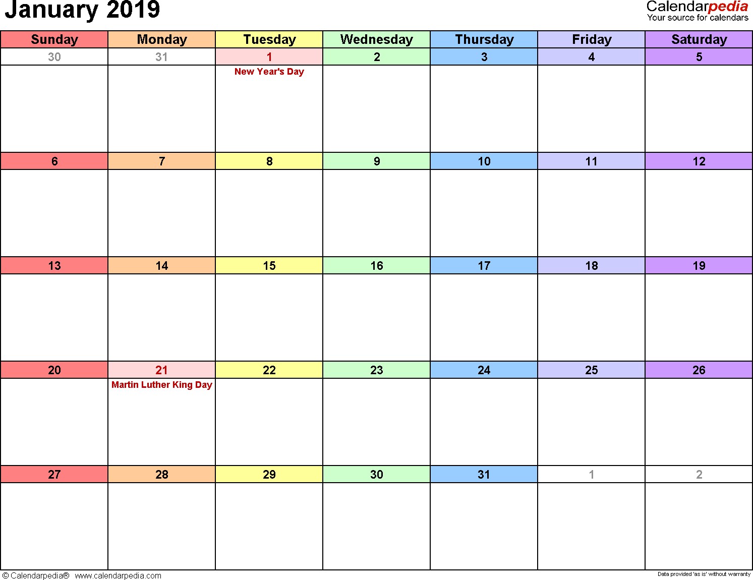 january 2019 calendar