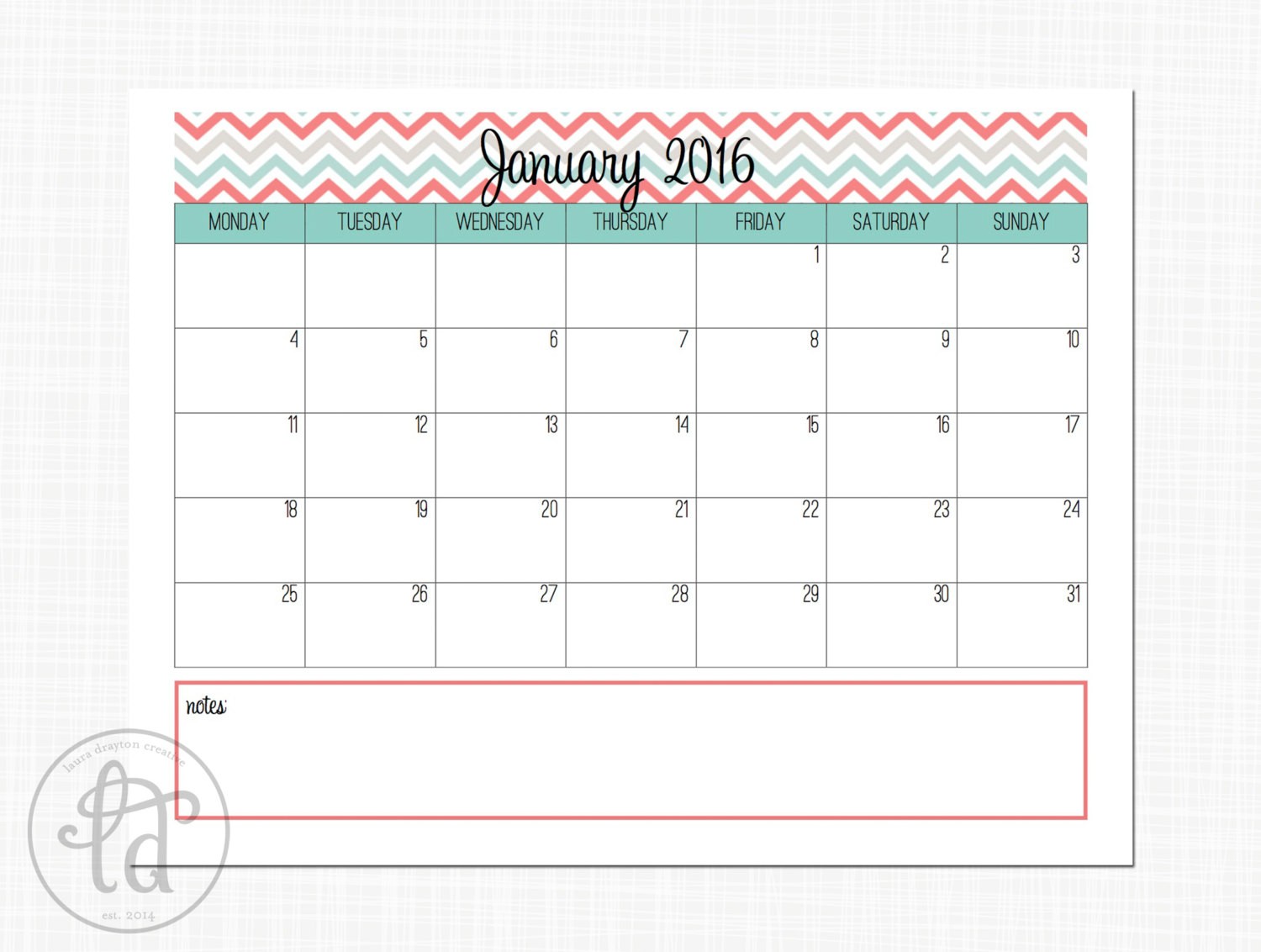 january 2016 calendar printable template