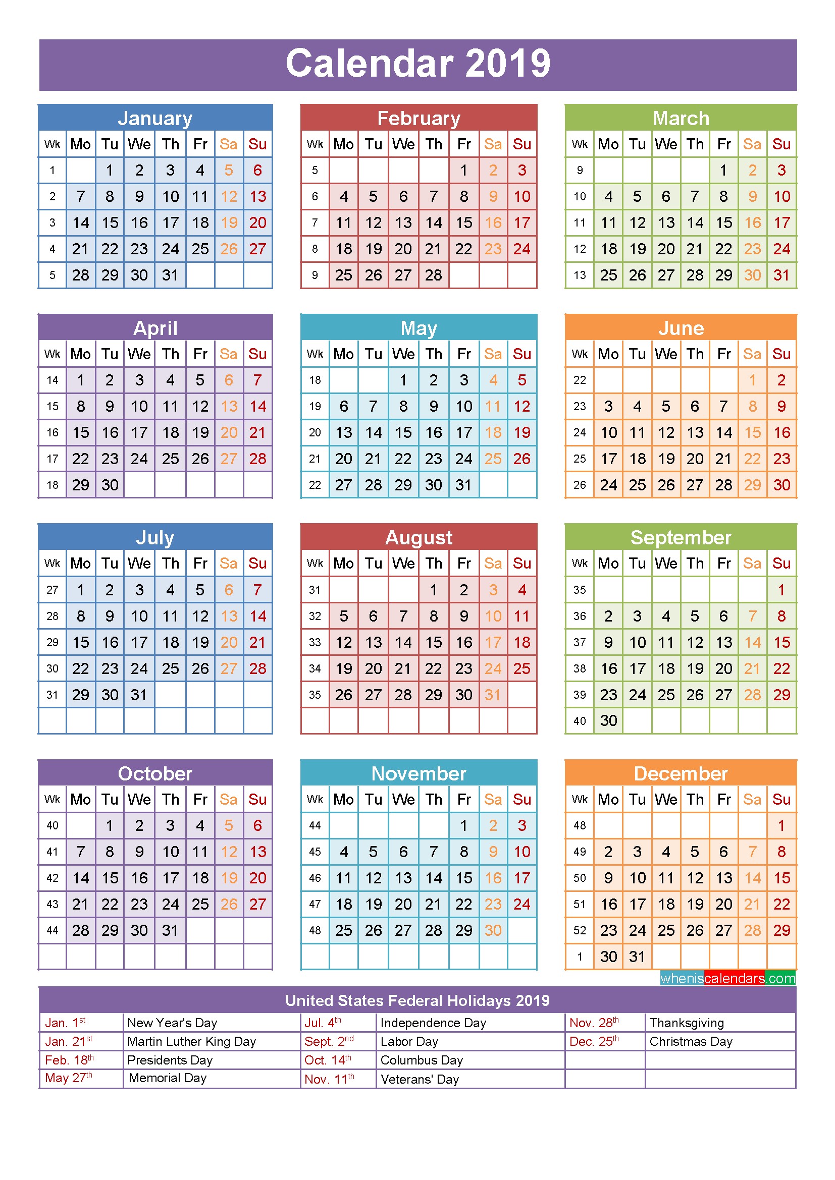 2019 calendar with holidays 2 1459