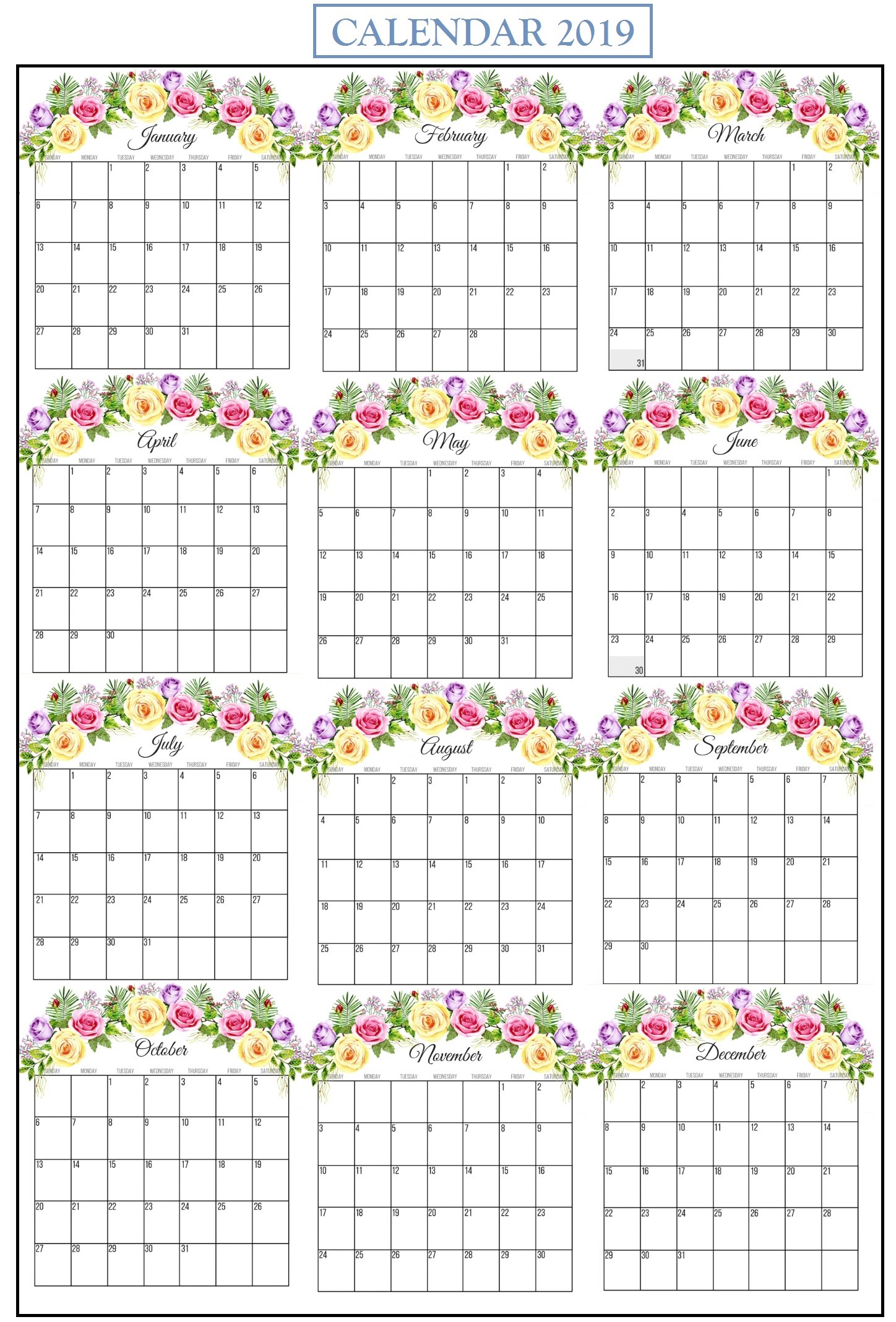 printable floral 2019 monthly calendar