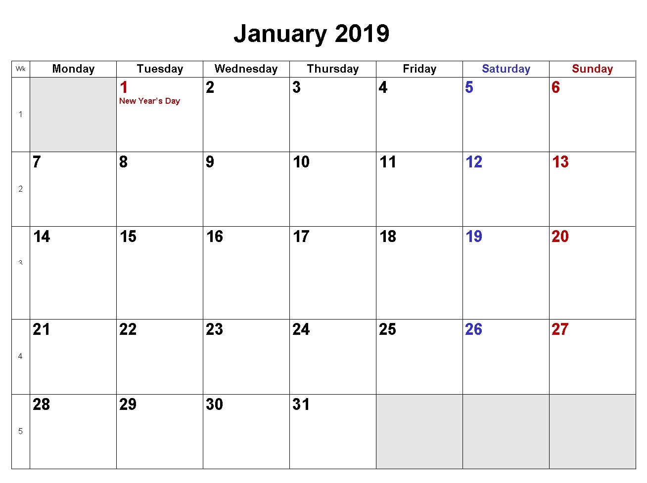 january 2019 calendar