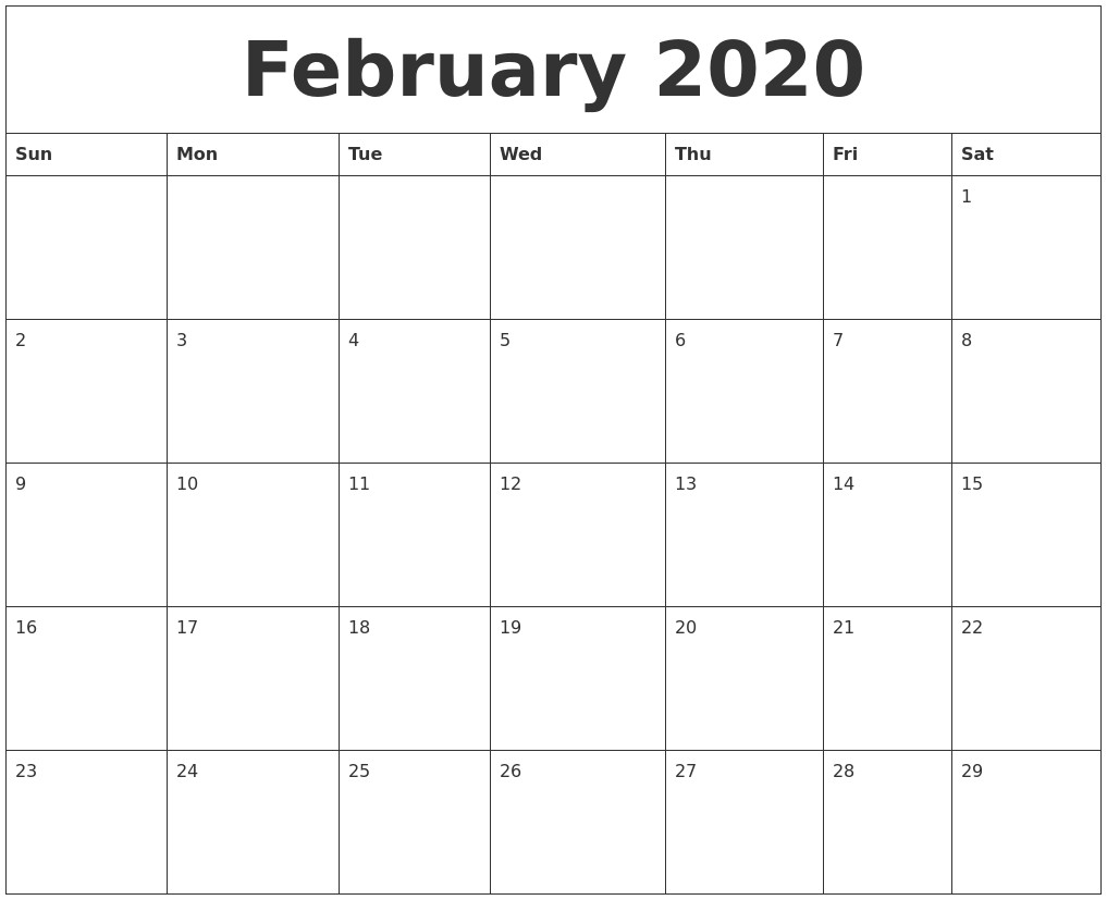 2020 Calendar Template Printable February 2020 Printable Calendar Template