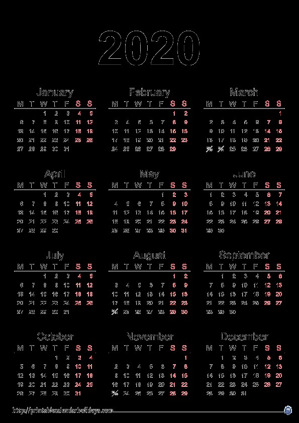 Printable 2020 Calendar ... Yearly 2020 with Calendar Holidays